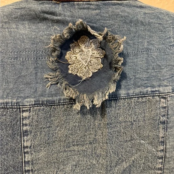 Denim Patchwork ruffle Jacket with Floral Accents by Young Threads - Picture 9 of 11